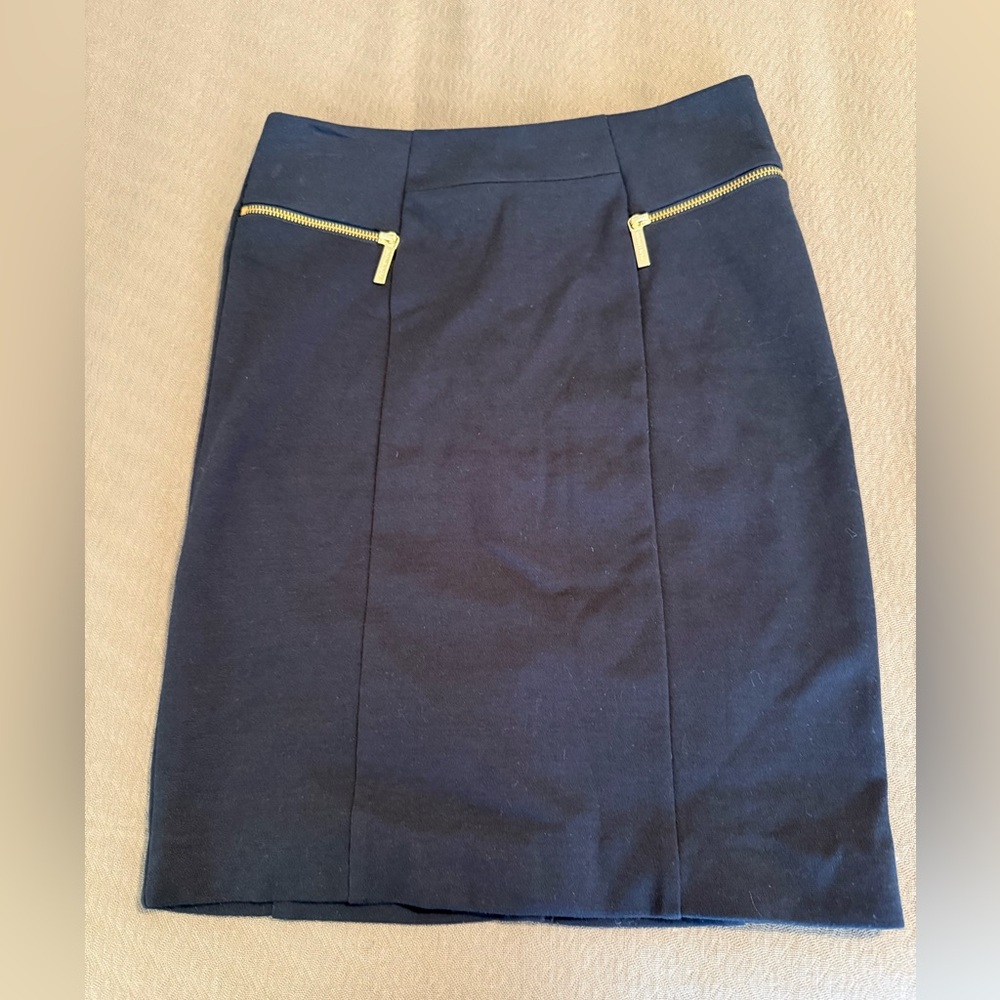 Michael Kors navy blue pencil skirt gold zippers retro 80s stretchy size 2 NWOT